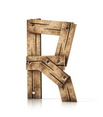 Single wooden R letter isolated on the white background. 3d illustration. wooden font.