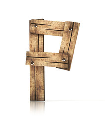 Single wooden P letter isolated on the white background. 3d illustration. wooden font.