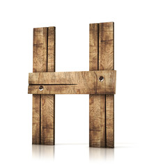 Single wooden H letter isolated on the white background. 3d illustration. wooden font.