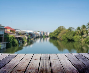 Blurred landscape with wood terrace 