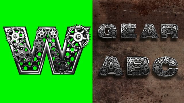 mechanical alphabet with rotate gears on green chromakey