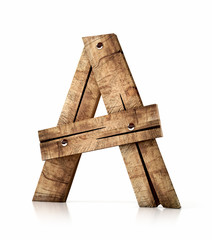 Single wooden A letter isolated on the white background. 3d illustration. wooden font.