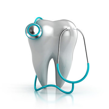 3d blue stethoscope with a tooth isolated