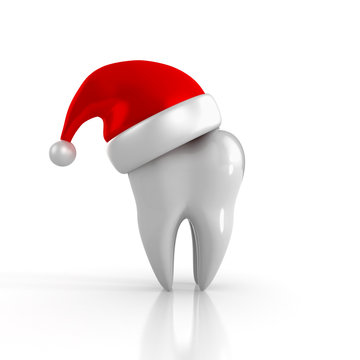 Tooth wearing a santa hat. 3D Illustration isolated