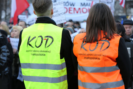  The demonstration of the Committee of the Defence  of the Democracy  KOD  for free media /wolne media/ and democracy against PIS government. Cracow , Poland