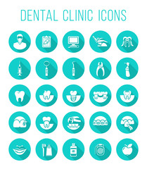 Set of modern flat vector conceptual icons of dental clinic services, stomatology, dentistry, orthodontics, oral health care and hygiene, tooth restoration, dental instruments and tools