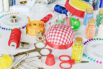 Sewing kit on white background