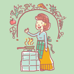 Woman Wearing an Apron Frying Some Food. Vector Illustration