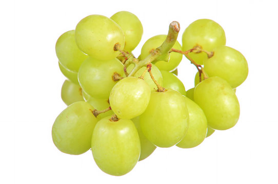 selective focus of bunch green grapes isolated on white
