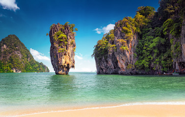 James Bond island near Phuket in Thailand. Famous landmark and famous travel destination - obrazy, fototapety, plakaty