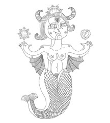 Vector monochrome illustration of bizarre creature, nude woman 