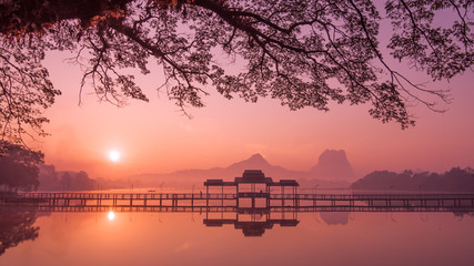 Myanmar (Burma) Hpa An lake at sunrise. Asian landmark and travel destination