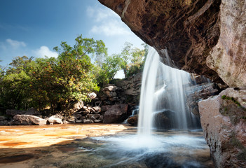 Waterfall landscape panorama. Outdoor hdri photography