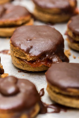 Macro shot of round chocolate homemade cookies