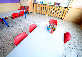 classroom of kindergarten with desks and small chairs