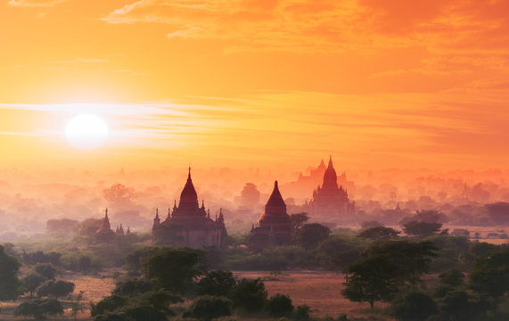 Myanmar Bagan historical site on magical sunset with beautiful sky and Buddhist temples panoramic view