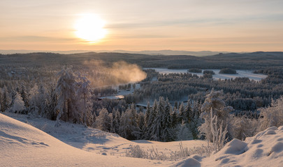 Sunset over winter forest