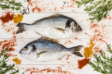 Fresh dorado fish, rosemary and spices on white wooden table. Top view. 