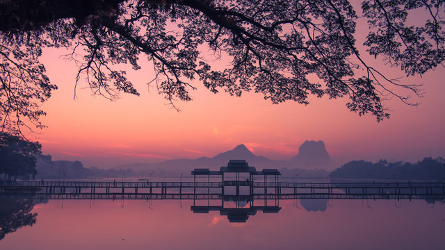 Beautiful sunrise over Kan Thar Yar lake in Hpa An Myanmar (Burma). Landmarks and tourist travel destinations in Asia