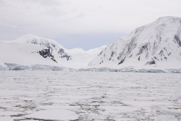 Fototapeta na wymiar Antarctic coast with glaciers and field of pack ice