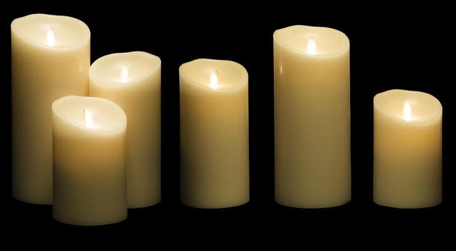 Candle Light, White Wax Candles Lights, Black Isolated