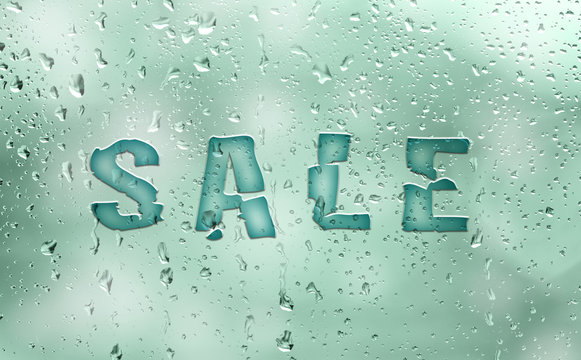 Green blue color seasonal abstract broken sale word on wet window with droplets. Creative seasonal sale concept copy space background.