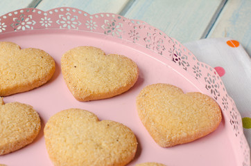 Heart-shaped butter cookies with sugar.