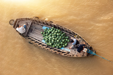 Top view of boat with watermelons in Mekong delta Cai Rang floating market in Can Tho Vietnam - 99874086
