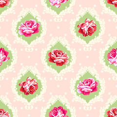 Shabby chic rose damask pattern. Vector seamless vintage floral background 