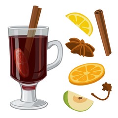 Mulled wine with glass of drink and ingredients. Vector flat illustration for greeting card, invitation, banner and poster.