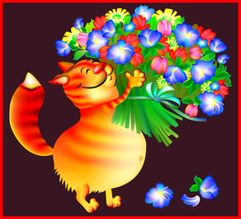 Ginger cat with bouquet of flower, vector cartoon image.