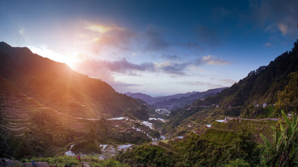 Famous Ifugao Philippines rice terraces at sunset