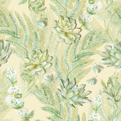 Floral seamless pattern. Succulents, ferns, thorns. 