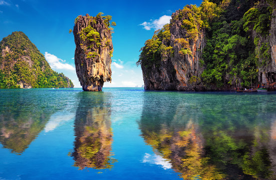 Beautiful Nature Of Thailand. James Bond Island Reflects In Water Near Phuket