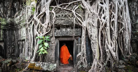 Wall murals Place of worship Monk in Angkor Wat Cambodia. Ta Prohm Khmer ancient Buddhist temple in jungle forest