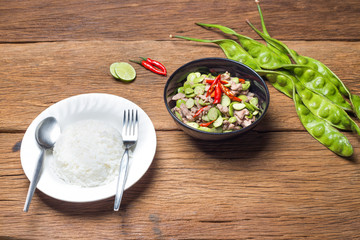 thai food Fired Parkia speciosa beans with Shrimp paste and pork (Pad Sa tor)