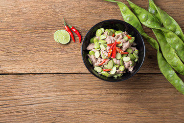 thai food Fired Parkia speciosa beans with Shrimp paste and pork (Pad Sa tor)