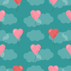 Fototapeta na wymiar Seamless vector pattern: Heart balloons in sky with clouds