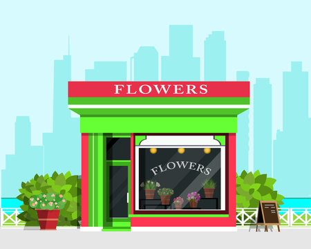 Modern landscape with flower shop icon, fence, flowers and bushes. Flat style vector illustration