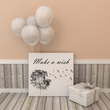 Greeting card poster Happy birthday, make a wish. Picture frame with balloons and present box. Motivation, Inspirational quotation.