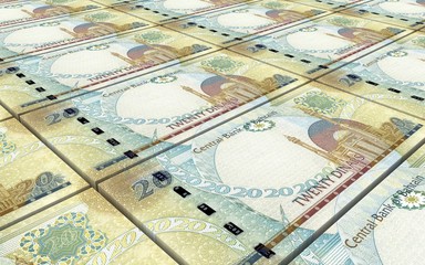 Bahraini dinar bills stacks background. Computer generated 3D photo rendering.