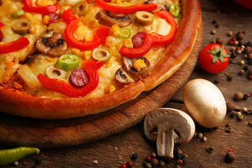 Delicious sliced pizza with vegetables, close-up