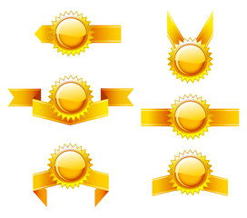 A set of labels with gold ribbons