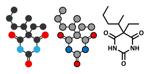 Pentobarbital (pentobarbitone) barbiturate sedative molecule.