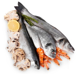 Fresh Mediterranean cocktail of fish on white background, close up