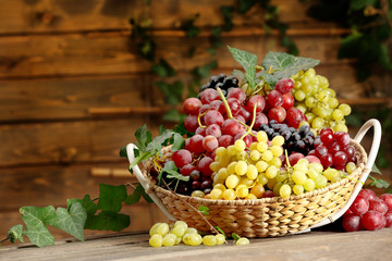 Grape in basket on wooden table