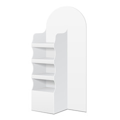 White POS POI Cardboard Floor Display Rack For Supermarket Blank Empty Displays With Shelves Products On White Background Isolated. Ready For Your Design. Product Packing. Vector EPS10 