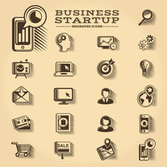 Business and Startup engraved icons set