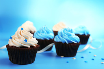 Chocolate cupcakes on blue background