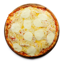 Pizza full of cheese on wooden board isolated on white background